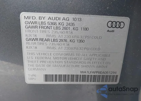2014 Audi Q5 2.0T Premium from USA, damaged, VIN WA1LFAFP8EA051294